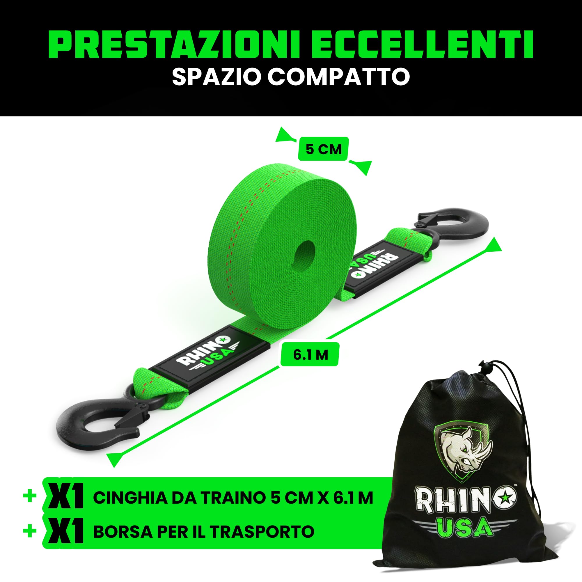Rhino USA Cinghia di traino con gancio (5 cm x 6.1 m) Testata in laboratorio, resistenza alla rottura di 4500 kg (minimo) - Cinghie di traino di emergenza per carichi pesanti con ganci