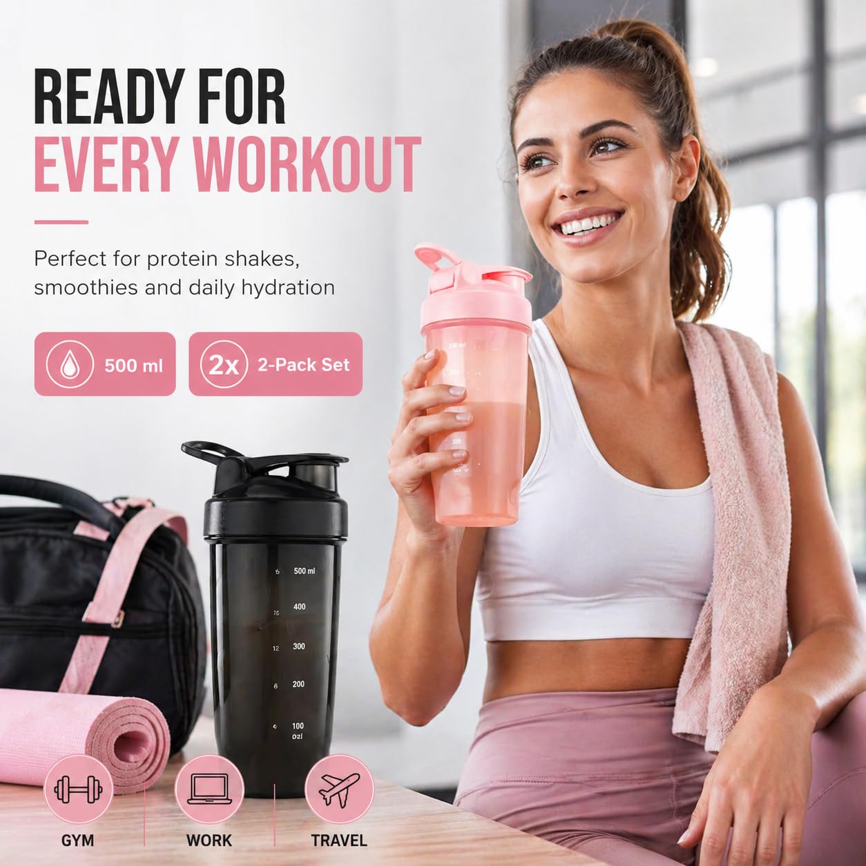 2 sztuki shaker do białka, 500 ml, kubek z kulką do blendera i skalą do picia, szczelny i odporny na uderzenia – butelka do fitnessu do uprawiania sportu, treningu i podróży (czarna + różowa)