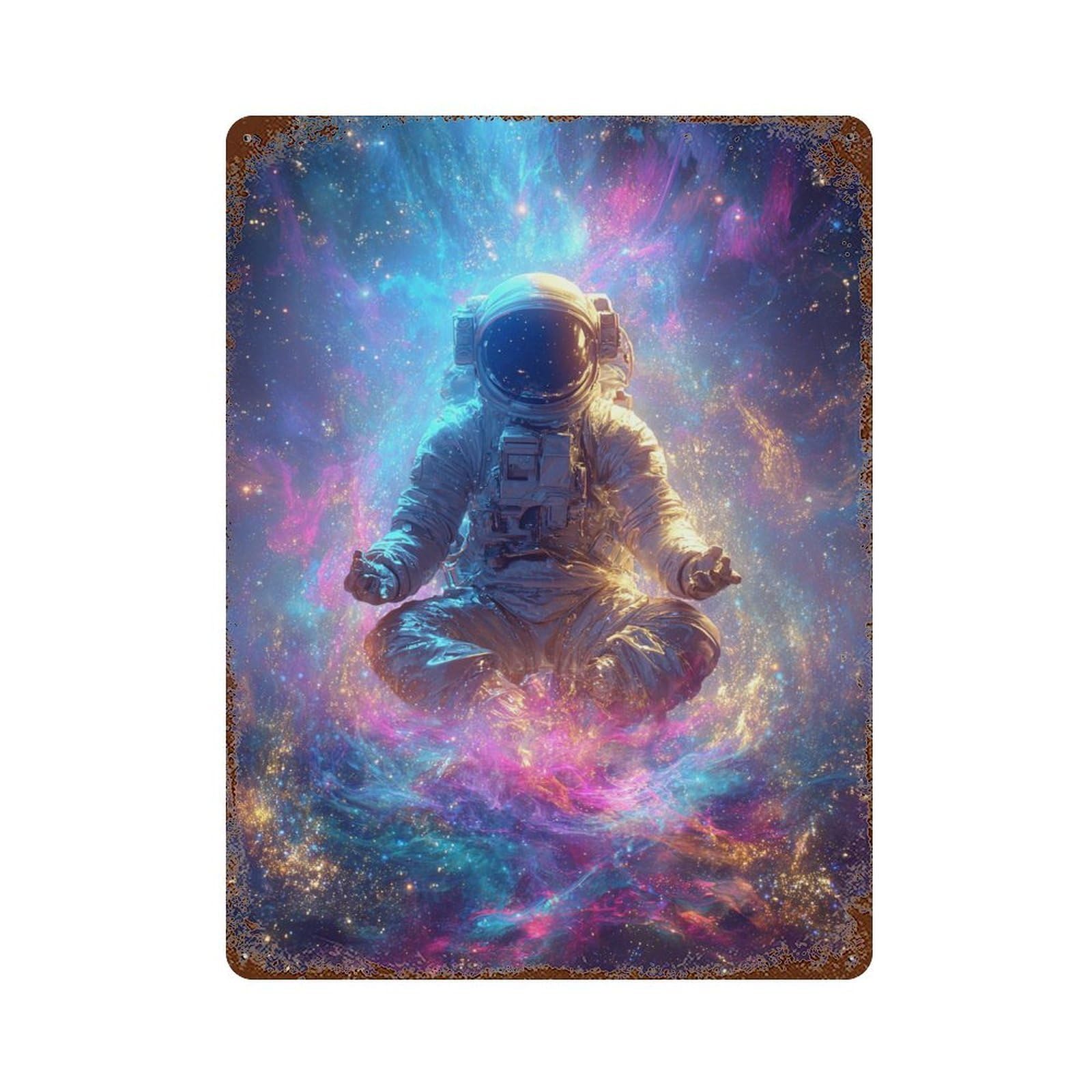 Cosmic Astronaut Meditation Rust Effect Tin Sign 15.7"x11.8", Vintage Wall Decor for Garage, Pub Or Kitchen