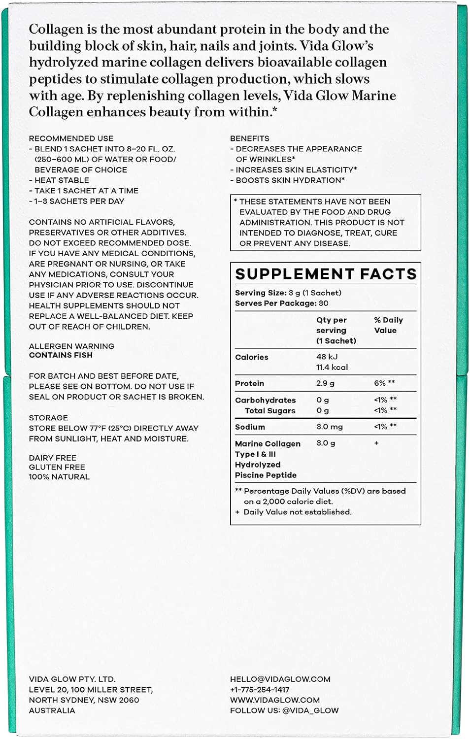 Vida Glow - Natural Hydrolyzed Marine Collagen Sachets | Promotes Glowing Skin + Smoothes Fine Lines (Original, 30 Sachets)
