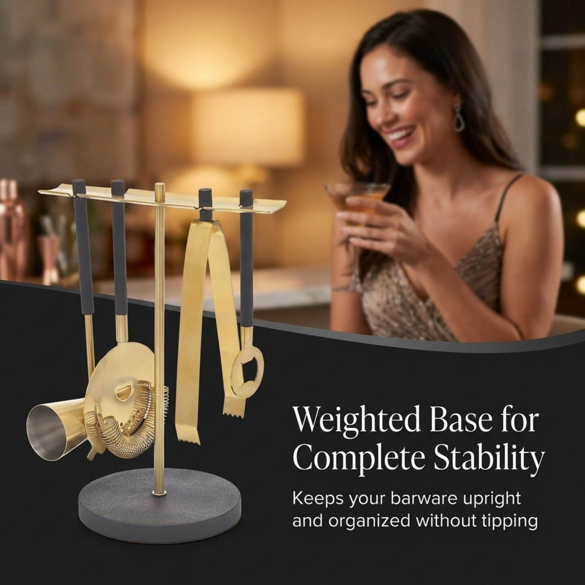 Bar Tool Set with Stand - Black and Gold Bartender Mixology Kit - 5 pc Set