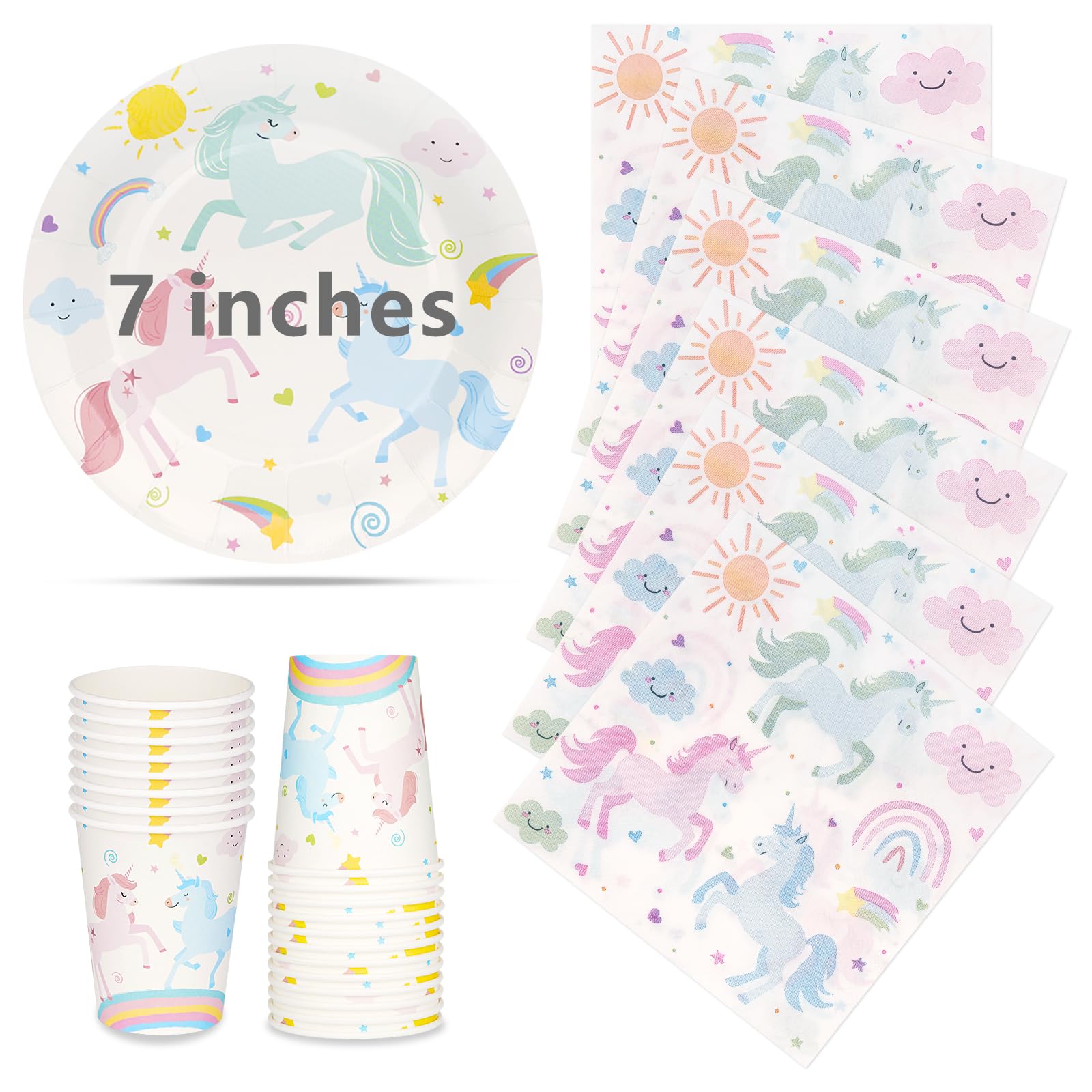 72Pcs Unicorn Birthday Party Plates Cups and Napkins, 7 Inch Disposable Strong Paper Plates and Cups, Party Tableware Set for Birthday Baby Showers Table Decorations
