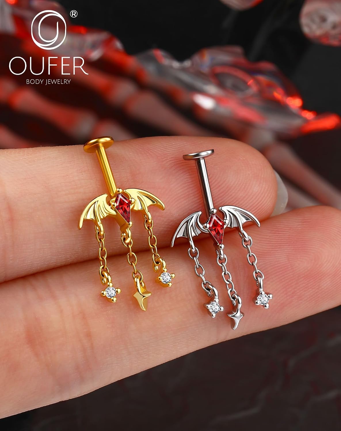 OUFER 16G Bat Vertical Helix Piercing Jewelry, Red CZ Hidden Upper Earring
