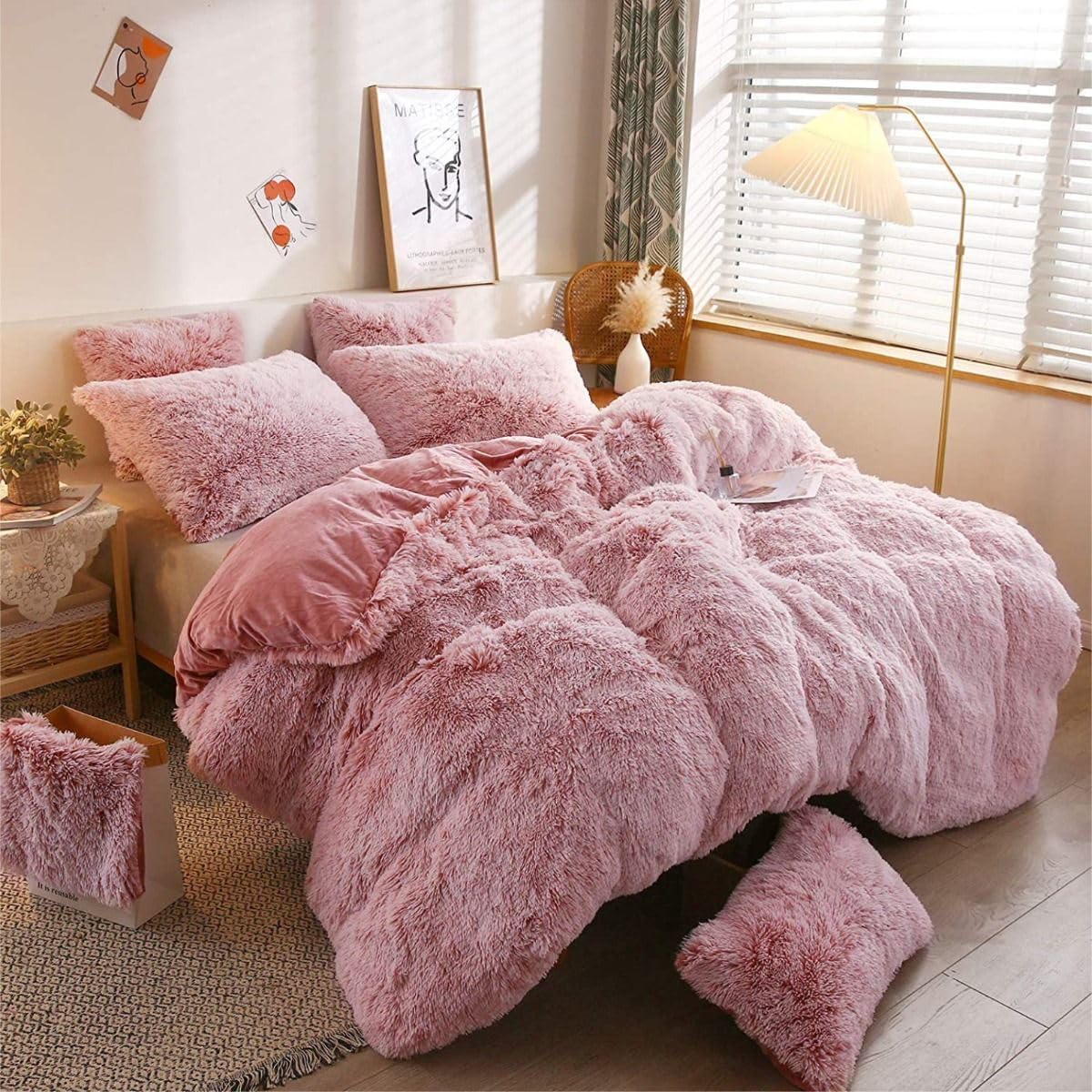 Teddy Bear Fleece Blush Pink Single Duvet Cover Set, Super Soft Faux Fur Bedding with Pillowcases, Cozy Winter Quilt, Luxury Shaggy Plush Bed Set – Warm Thermal Bedding Quilt Cover Set