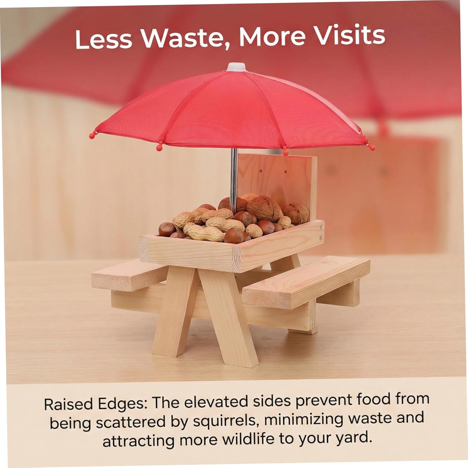 Squirrel Picnic Table, Wooden Squirrel Feeders for Outside with Covered Umbrella Easy-Fill Corn Cob Holder for Garden Yard, Chipmunk Feeder
