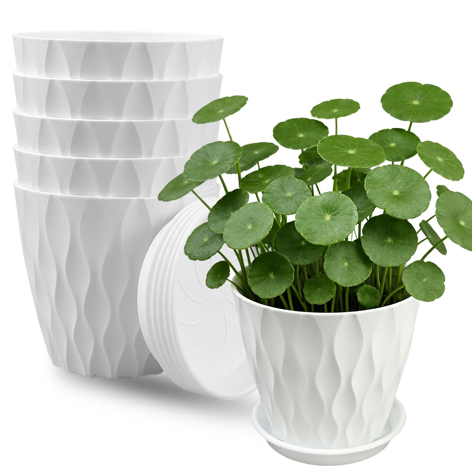 10cm/4-in Plant Pots Indoor 6 Pack Plastic Flower Pots with Drainage Holes and Saucers Modern Decorative Planters Succulent Indoor Outdoor Plants(6 Colours) — view 8