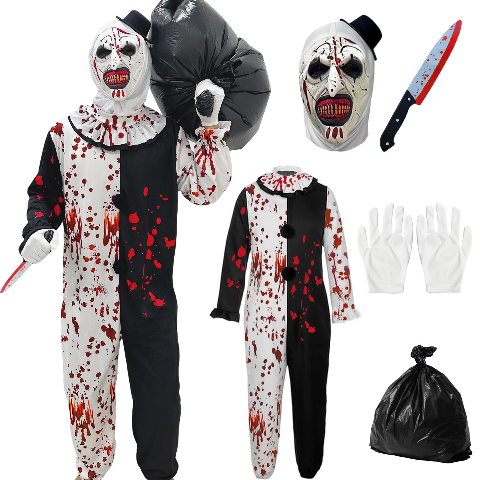 Costume da Clown Horror, Costume Pagliaccio Halloween con Maschera, Guanti e Accessori, Set Completo per Terrifier Art Clown Costume