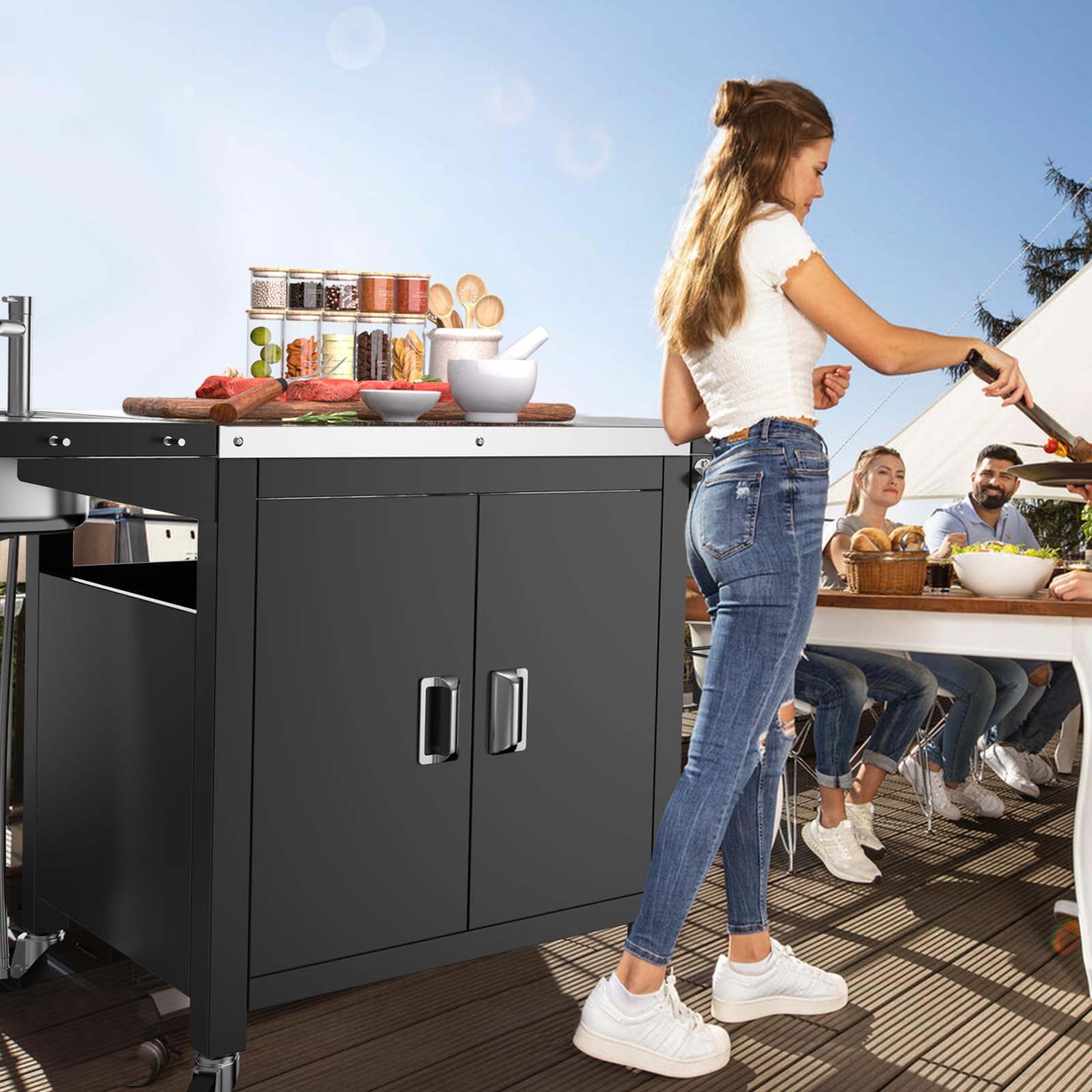 GFTIME Wózek do grillowania, kuchnia na świeżym powietrzu, przenośna wyspa kuchenna ze stali nierdzewnej z szafkami, pojemnik na lód, zlew, kuchnia na świeżym powietrzu, stół do pizzy, wózek