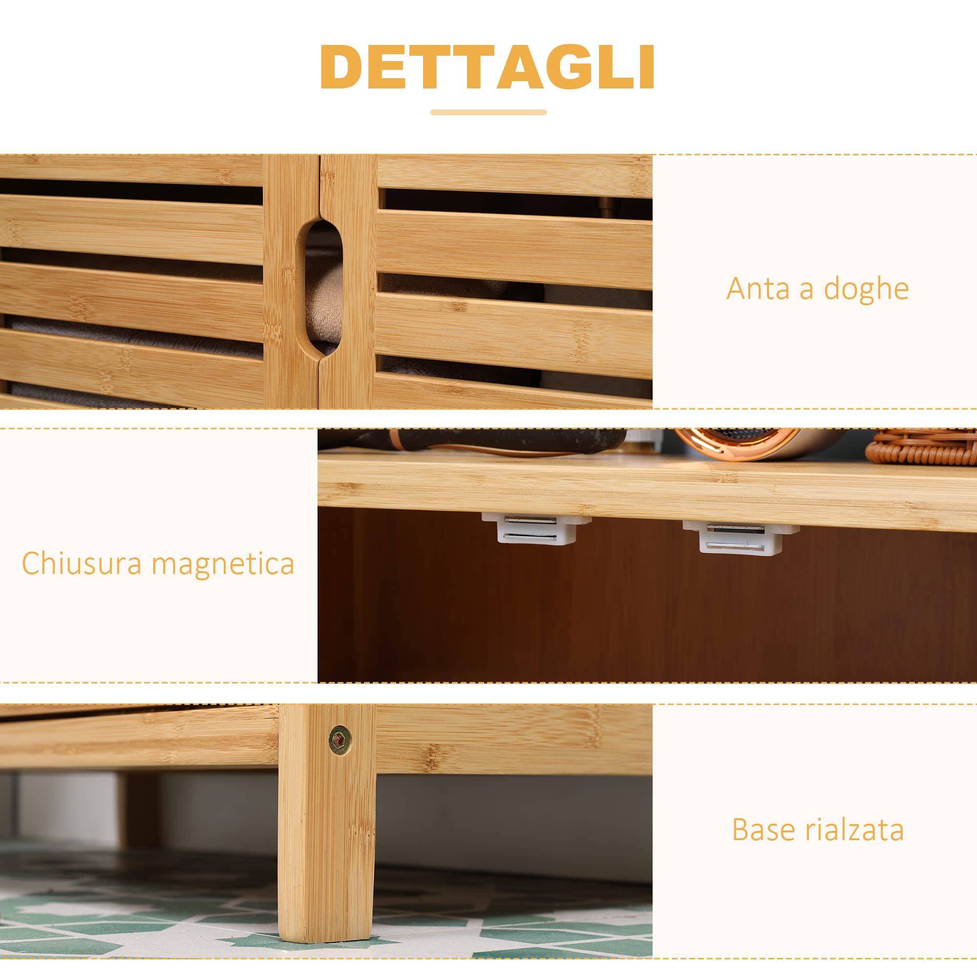kleankin Mobiletto Bagno con 2 Ripiani Aperti e Armadietto a 2 Ante, Mobile Salvaspazio in Bambù 60x30x120cm, Naturale