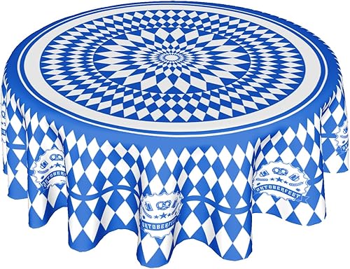 Mantel redondo para Oktoberfest de 60 pulgadas, manteles a cuadros azules y blancos de poliéster, mantel de Baviera de gingham azul para Hoja de