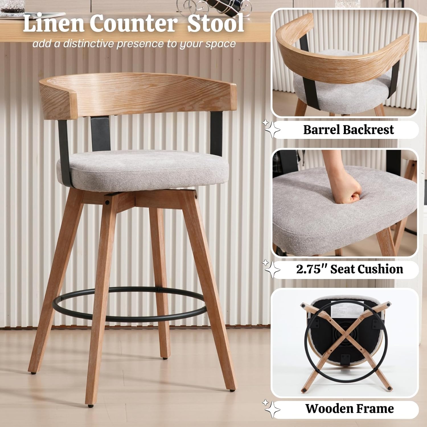 HEAH-YO Swivel Bar Stools Set of 2, 26" Counter Height Stools with Barrel Back, Grey — Mid Century Modern Style, Linen Upholstered Seat, Wood Legs, Ideal for Kitchen Island & Dining Room