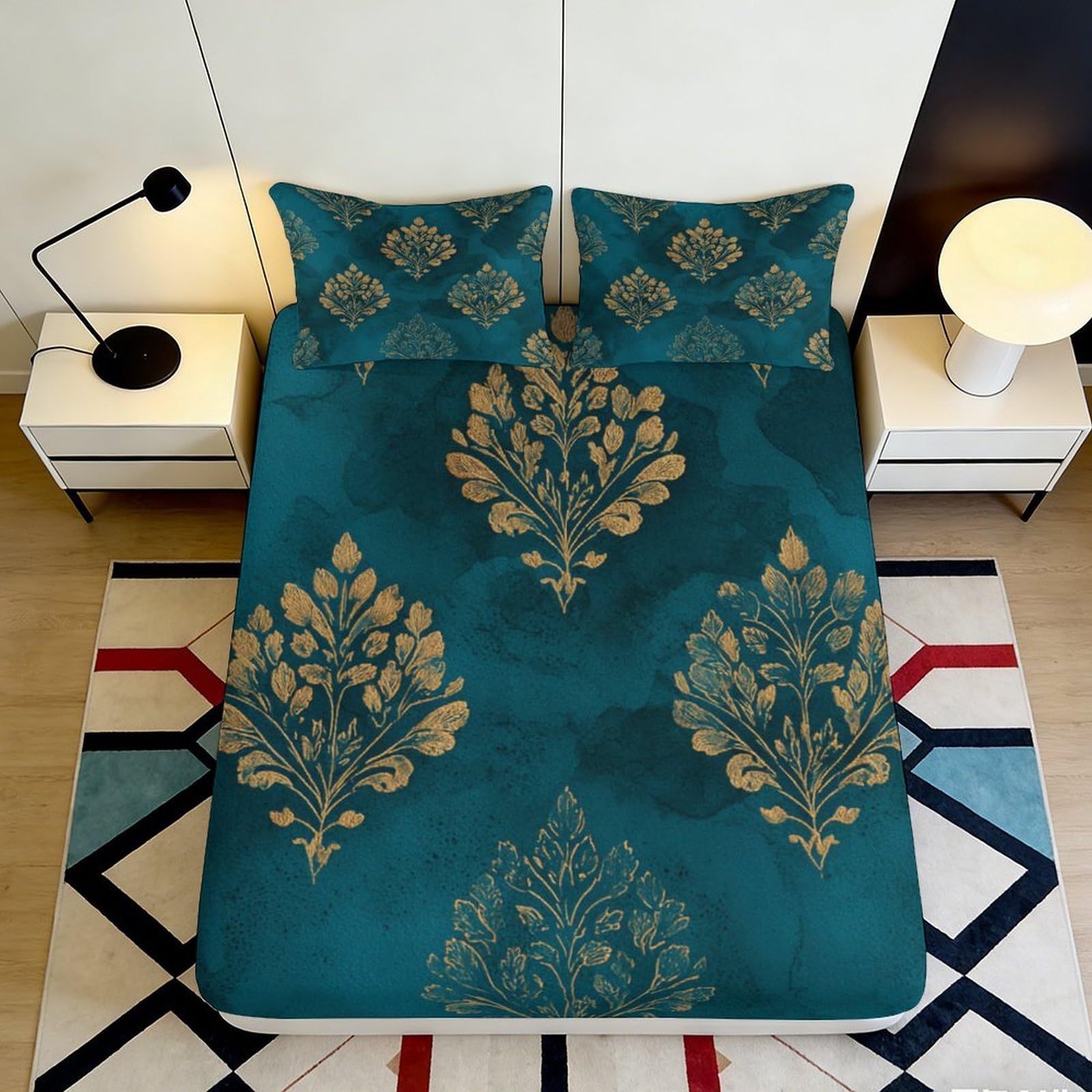 Pnayamiorkfel Style-1 3D Printed Teal Botanical Fitted Sheet Microfiber Soft Bed Cover Gold Leaf Pattern For Bedroom Dorm Mattress Protection Decor 90X200x25cm