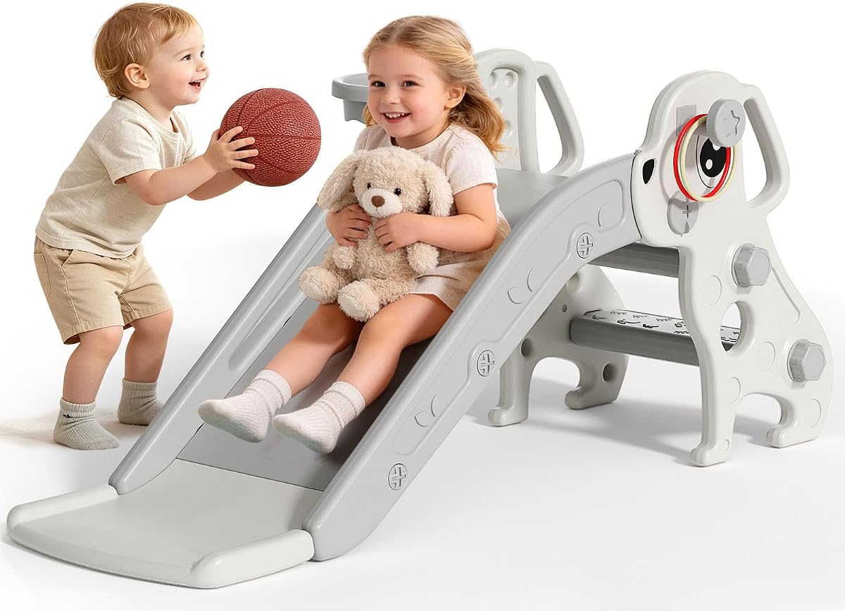 Toddler Slide, 4 in 1 Kids Slide for for Age 1-3 Indoor Outdoor Playground | Baby Slides with Basketball Hoop & Ring Toss, Puppy Shaped Playset for Age 1-3 Toddlers - BIERUM