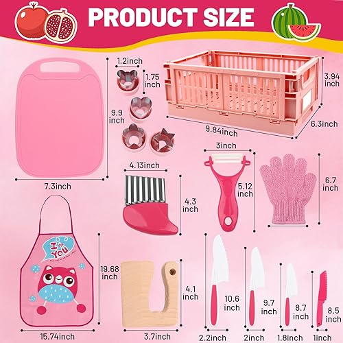 Miniatura 7 de Juego de cuchillos de cocina para niñas, 15 piezas, color rosa, con cesta y delantal para cocina real, accesorios de cocina para niños, herramientas