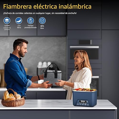 Miniatura 6 de Fiambrera eléctrica inalámbrica, 1.2 L, con calefacción automática, sin BPA, apta para preparación de comidas (azul)