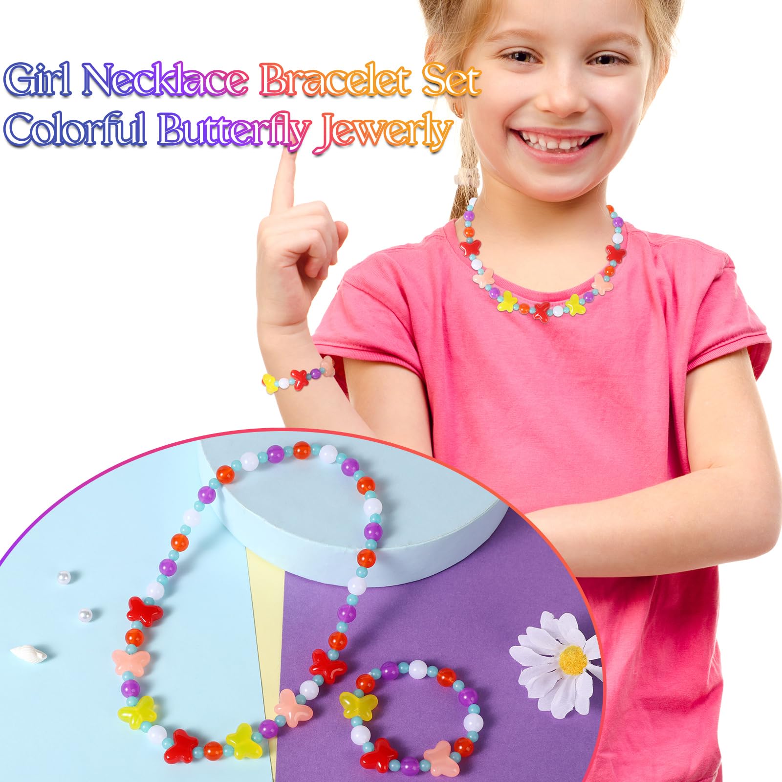 Maeoetty Girls Jewelry Set, Cute Butterfly Beads Necklace Bracelet-Toddler Girls Butterfly Jewelry - Image 4