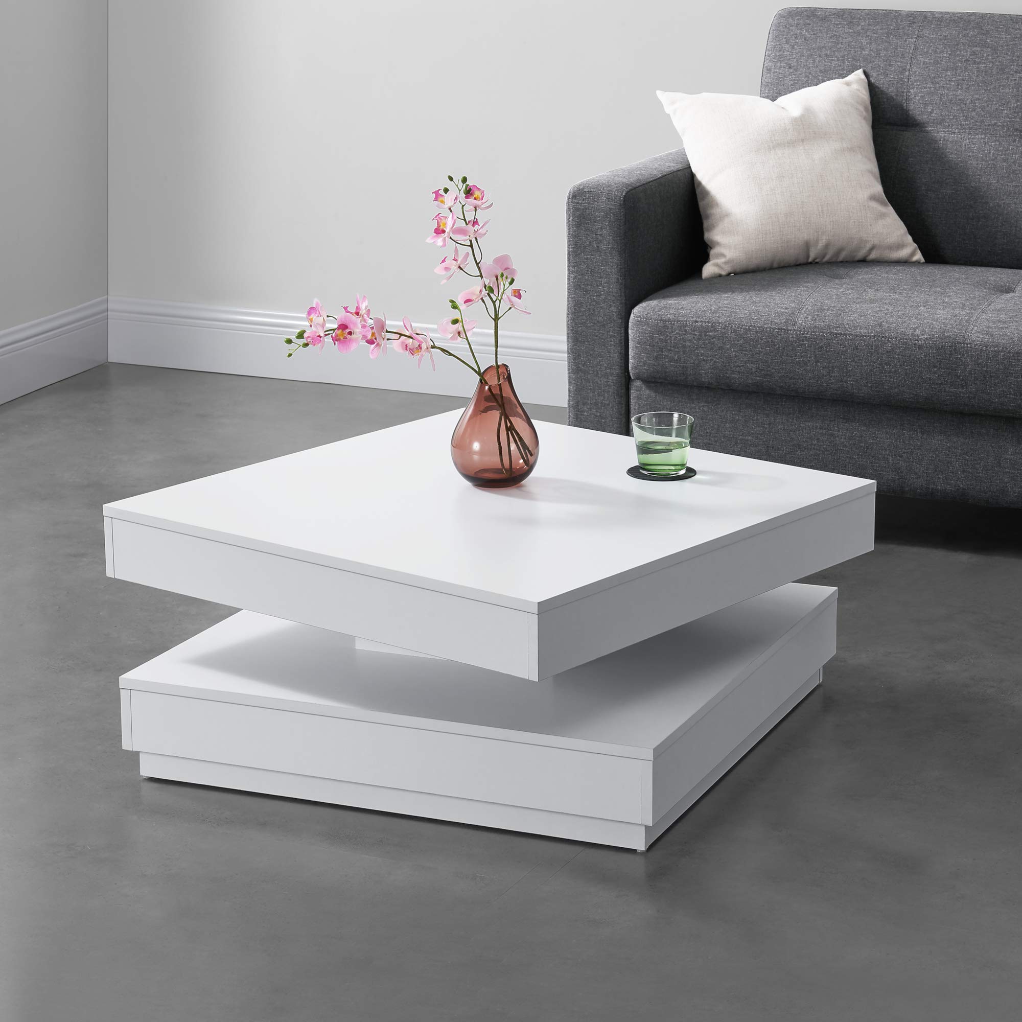 [en.casa] Tavolino da Caffè Multifunzionale con Piano Girevole Tavolino Basso da Salotto 76 x 76 x 38 cm con Ripiano per Soggiorno Sala - Bianco