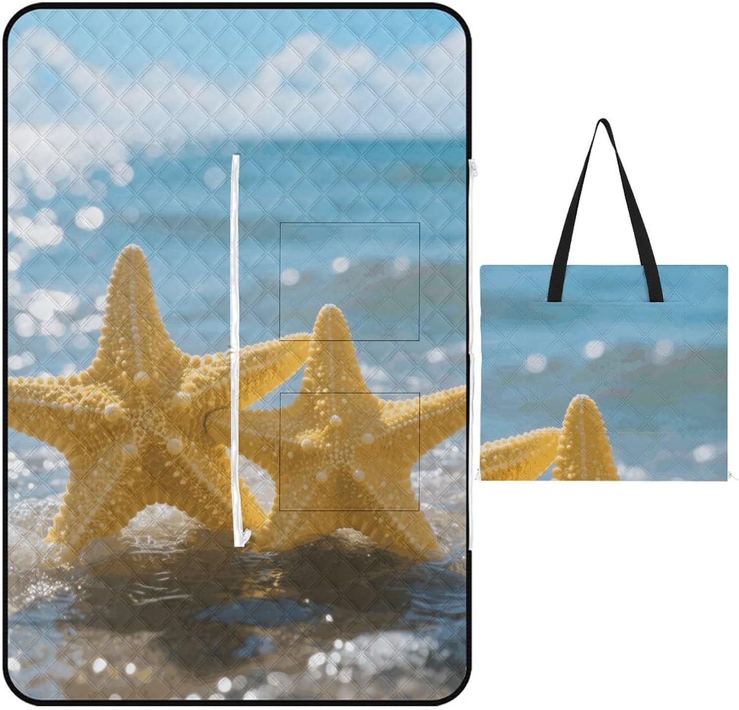 Yellow Starfish on Beach Picnic Blanket 150x150cm, Foldable 2-in-1 Picnic Mat and Tote Bag Portable Waterproof Beach Mat Sandproof Outdoor Blanket for Park, Hiking, Beach, Camping, Travel