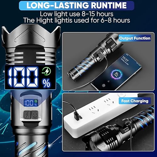 Miniatura 5 de Linternas más brillantes recargables de alto lúmenes, linterna LED súper brillante de 50 W con pantalla LCD, 5 modos e interruptores dobles, luz de