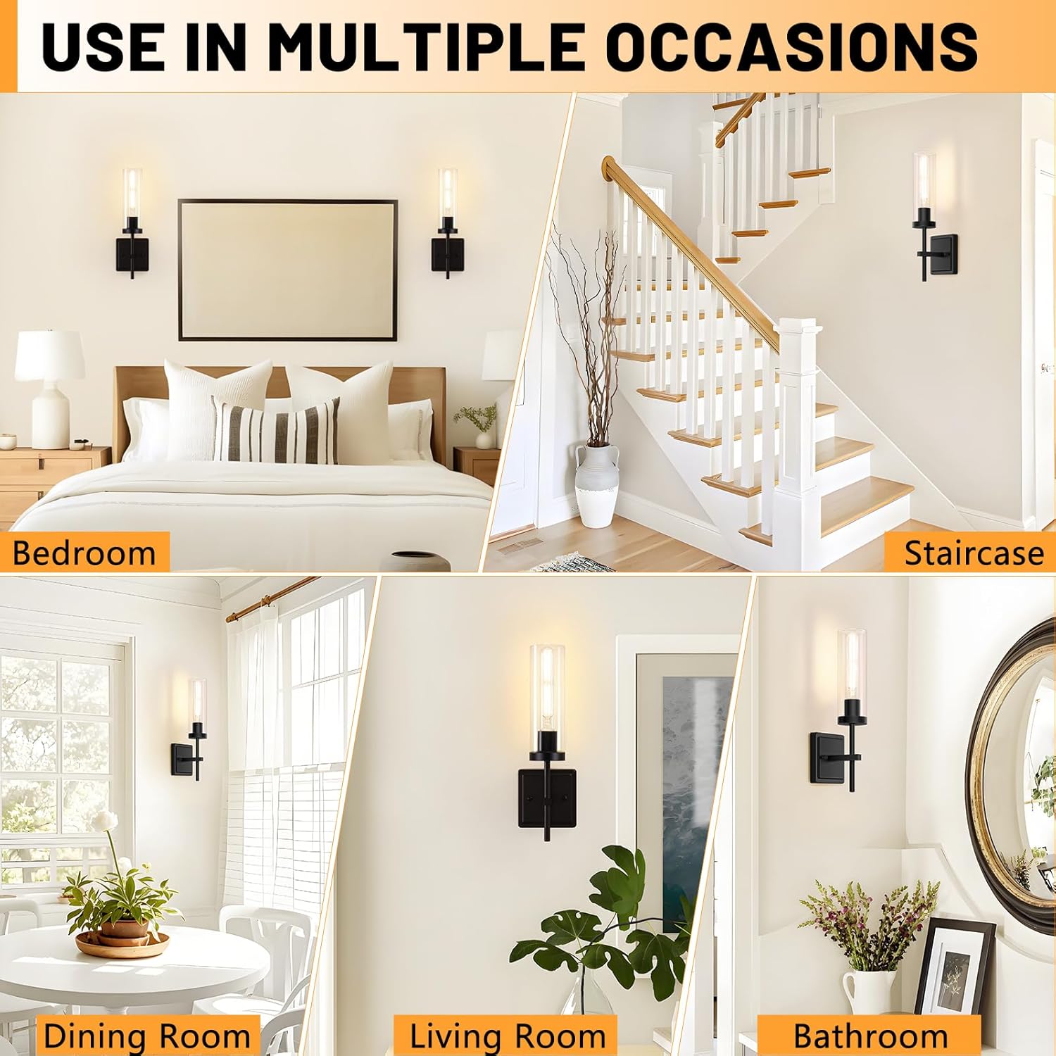 Wall Sconces Set of Two, Matte Black Bathroom Sconces Wall Lighting with Clear Glass, Modern Sconces Wall Decor Set of 2 Hardwired Vanity Light fixtures for Mirror Living Room Hallway Bedroom