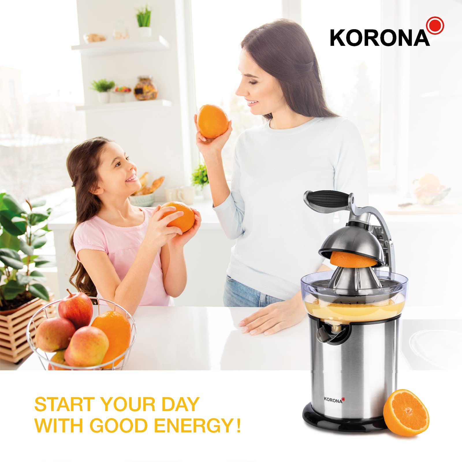 Korona 27050 Zitruspresse | Hochwertiges Edelstahlgehäuse | Ergonomischer Hebelarm | Mühelos bedienbar | 130 Watt | Ausgießer mit praktischem Tropf-Stopp, Orange