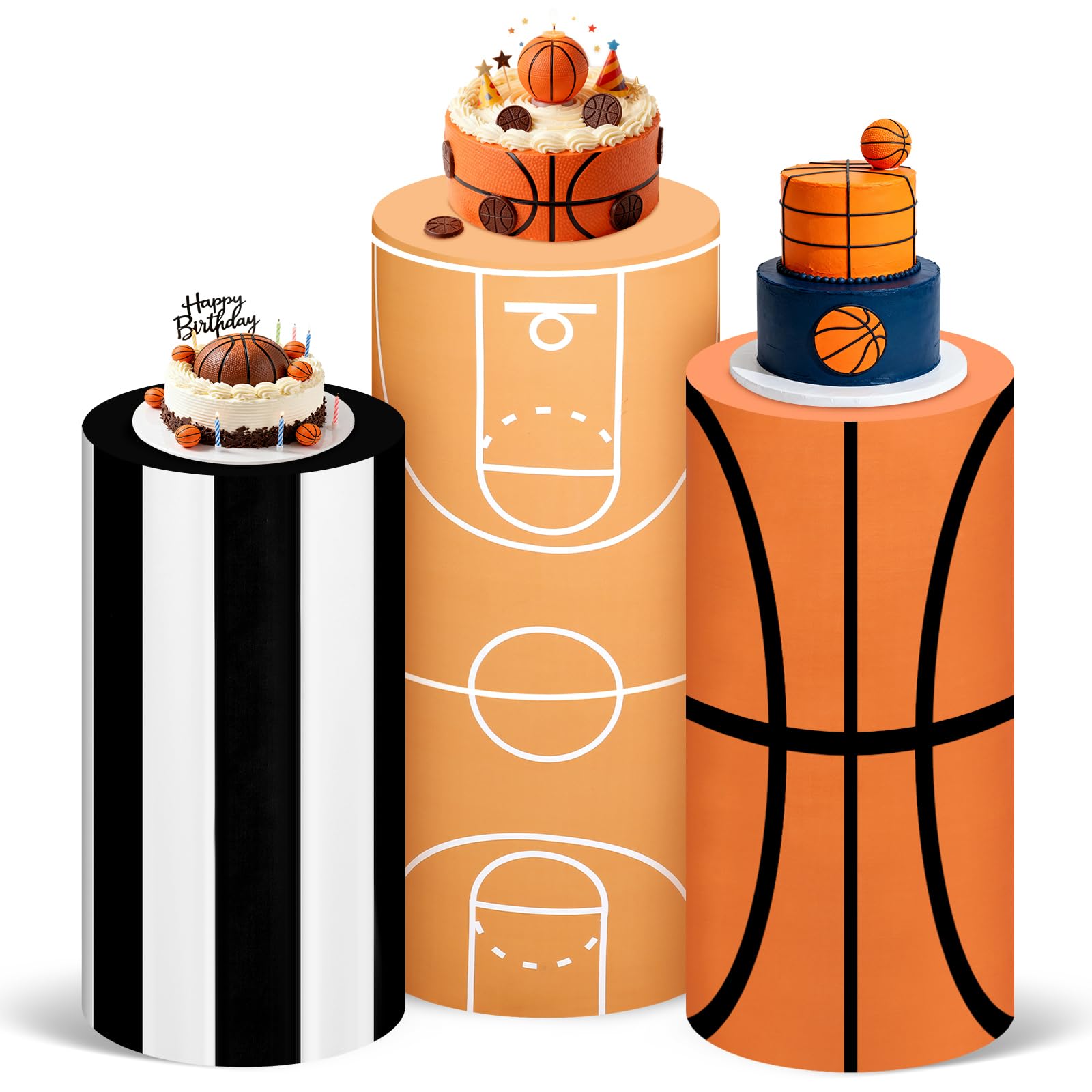 Photo 1 of Frienda 3 Pcs Basketball Themed Sport Birthday Spandex Cylinder Stand Covers for Party Basketball Field Ball White Black Stripes Cylinder Pedestal Cover Dessert Table Display for Teen Birthday Decor