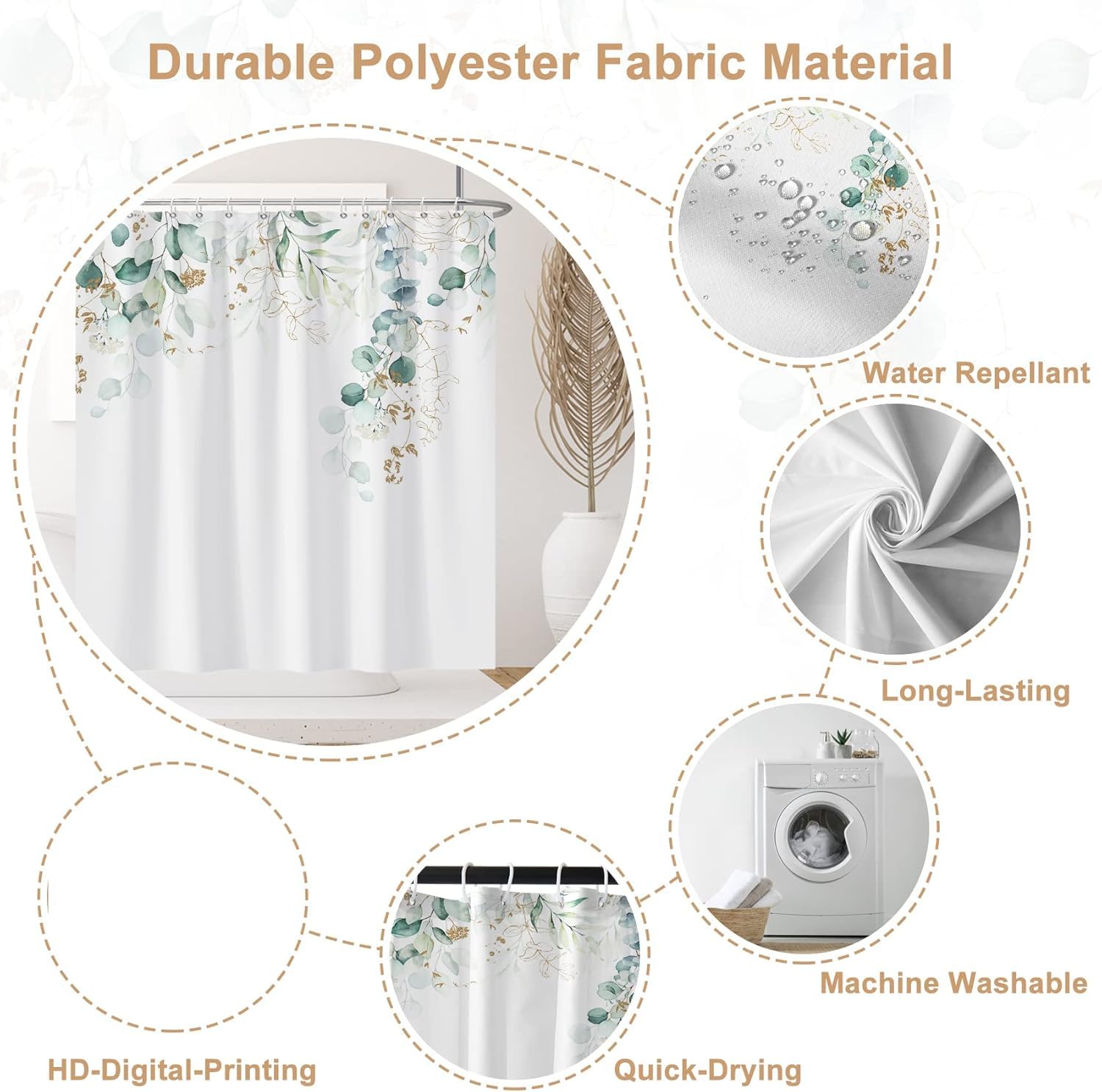 Ruelvth Green Eucalyptus Shower Curtain, Spring Watercolor Plant Leaves With Floral Shower Curtain For Bathroom Waterproof Fabric Shower Curtain Set With Hooks, 72x72 Inch