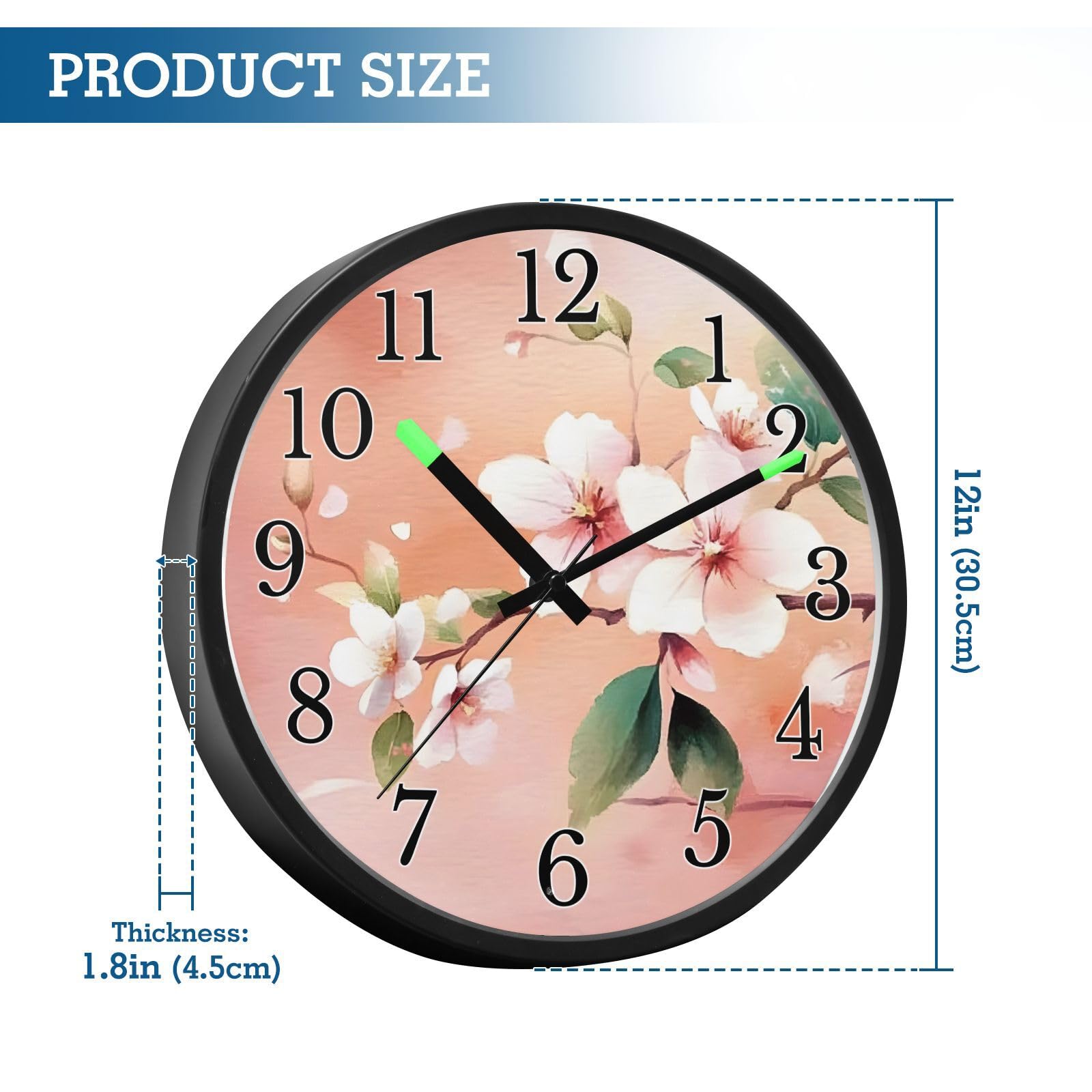 Mnsruu Reloj de pared luminoso con diseño de flores de cerezo, melocotón rosa, teñido anudado, reloj de pared que brilla en la oscuridad, funciona con pilas, reloj de luz nocturna silencioso sin
