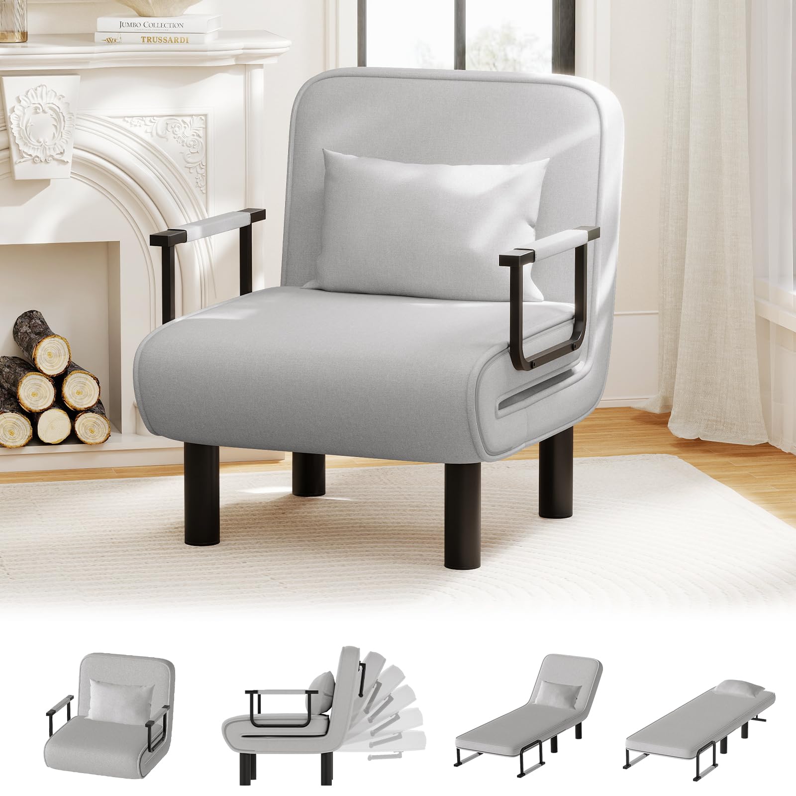 Poltrona Letto 4 in 1, Poltrona Divano Letto Singolo, Poltrona Pieghevole con Schienale Regolabile in 6 Posizioni per Camera da Letto Soggiorno Ufficio, Gregio chiaro