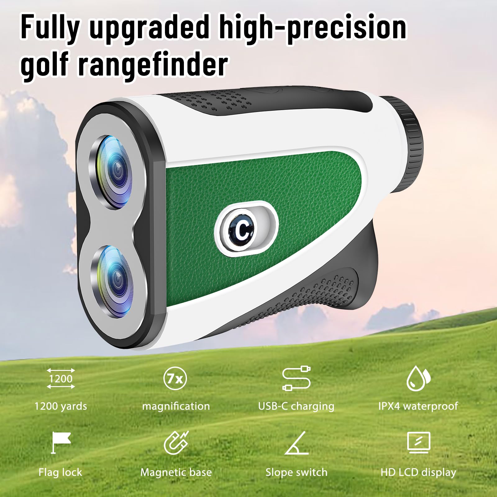 PTHTECHUS Telemetro da golf con pendenza - Telemetro laser da 1200 iarde con banda magnetica, ingrandimento 7x, blocco dell'asta della bandiera con vibrazione, impermeabile IP54, ricaricabile