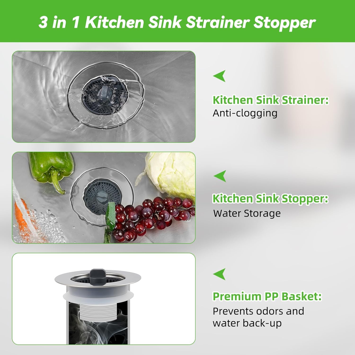 Universal Sink Stopper Strainer Combo, Stainless Steel Wrapped Drain Stopper Kitchen Sink for US Standard 3-1/2 Inch Kitchen Sink Drain, Extra 2 PCS Mesh Strainer for Food Garbage Disposal, Chrome