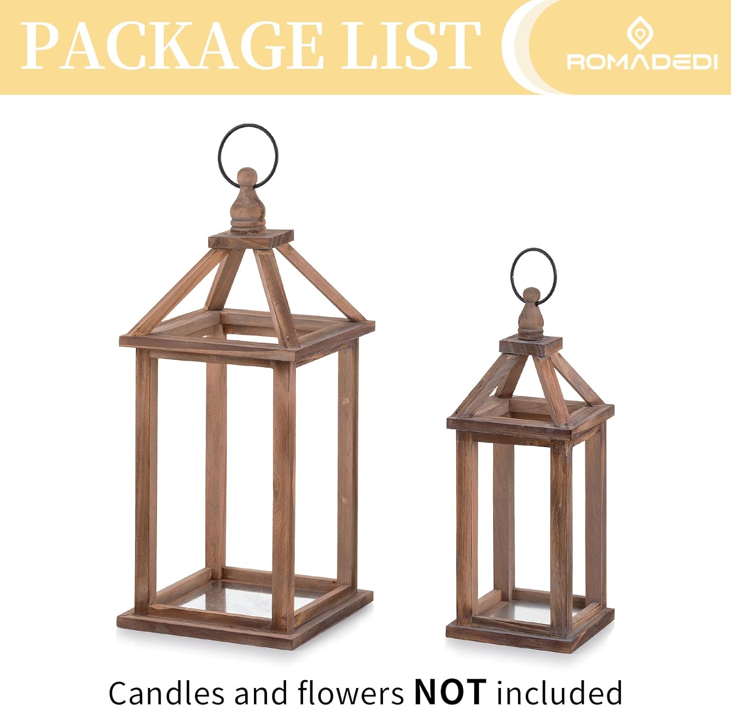 Romadedi Farmhouse Wood Candle Lantern - 12" / 16" Set of 2 Rustic Wooden Lanterns Decorative Candle Holder Home Decor Wedding Table Centerpiece Indoor Outdoor Fireplace Decorations, Brown
