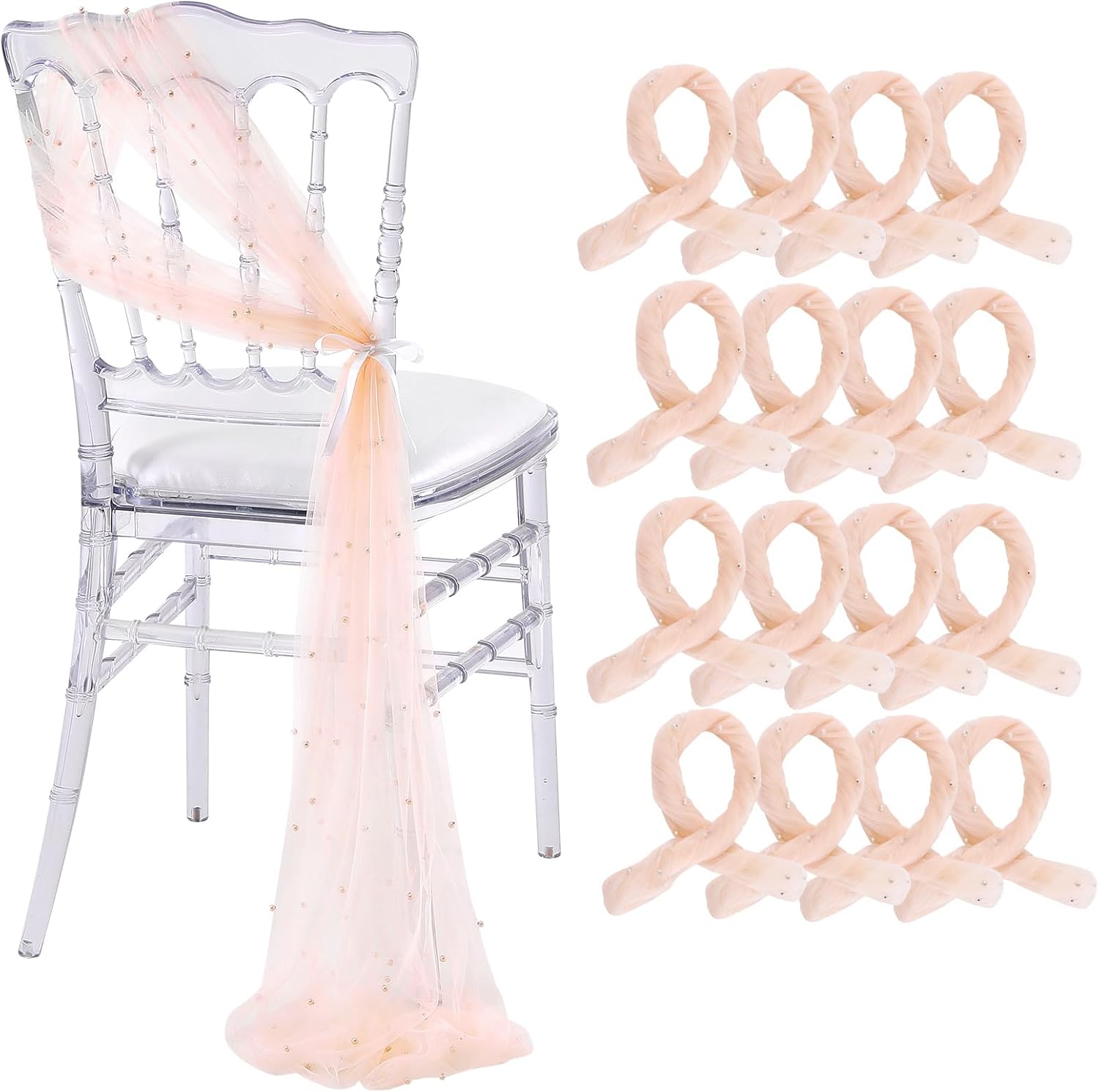 QueenDream Wedding Chair Sashes Aisle Decorations: Champagne Pearls Chair Cover 16 Pack 8FT Long Tulle Draping Fabric Reception Church