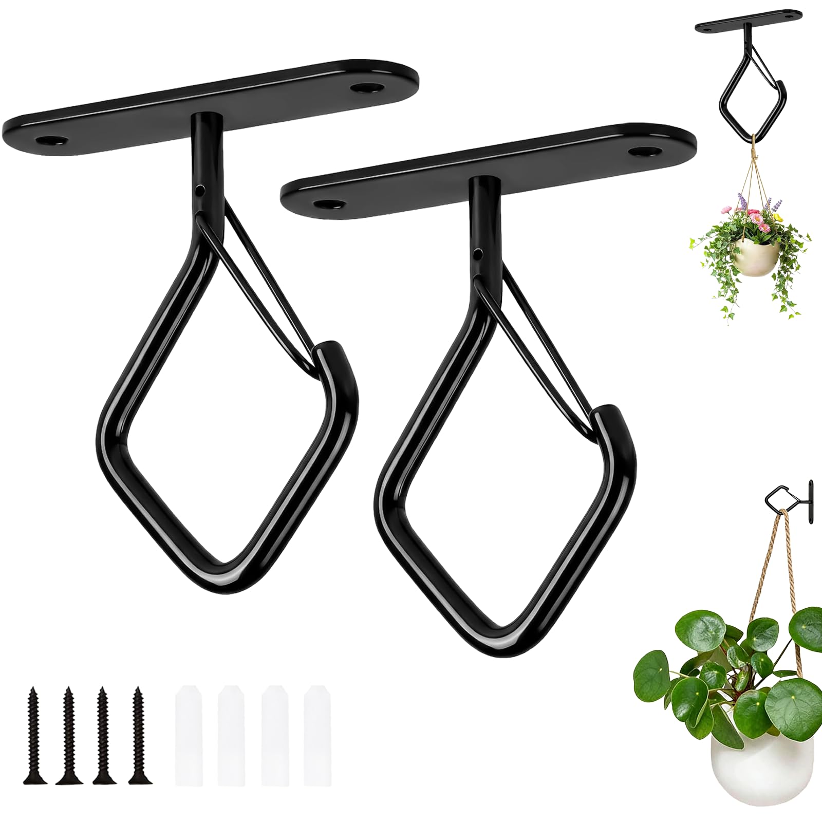 Ceiling Hooks for Hanging Plant, 7.5cm Ceiling Plant Hooks with Safety Buckle Metal Heavy Duty Wall Mounted Hangers for Planters, Flower Basket, Lanterns, Lights, Bird Feeders, Home Decor- 2Pack