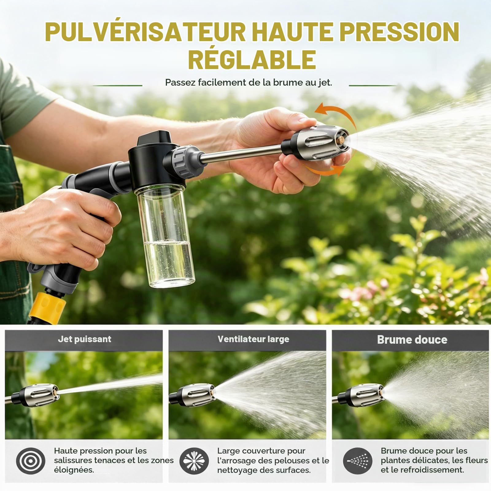 Funnity Jetterix Pistolet Haute Pression, Lance de Nettoyage Métal | Jet réglable, mousse intégrée, nettoyage rapide sans effort, pour voiture, terrasse, façade et mobilier extérieur