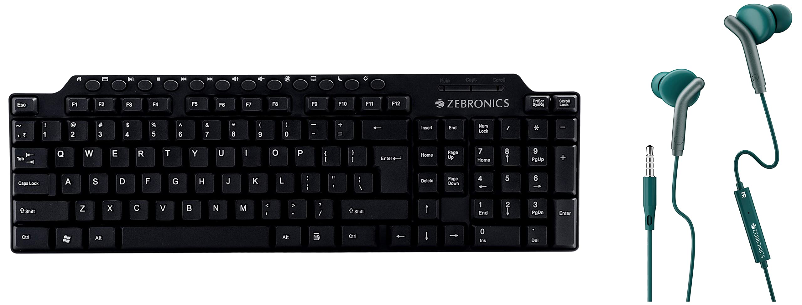 ZEBRONICS ZEB-KM2100 Multimedia USB Keyboard Comes with 114 Keys Including 12 Dedicated Multimedia Keys & with Rupee Key & Zeb-Bro in Ear Wired Earphones with Mic, 3.5mm Audio Jack, 10mm Drivers