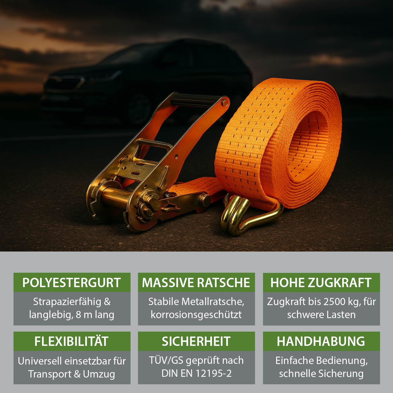 TRUTZHOLM 10x Spanngurt mit Ratsche Zurrgurte 5000kg 8m 50mm TÜV/GS stabile Spitzhaken beidseitig (2500/5000 daN, KG)