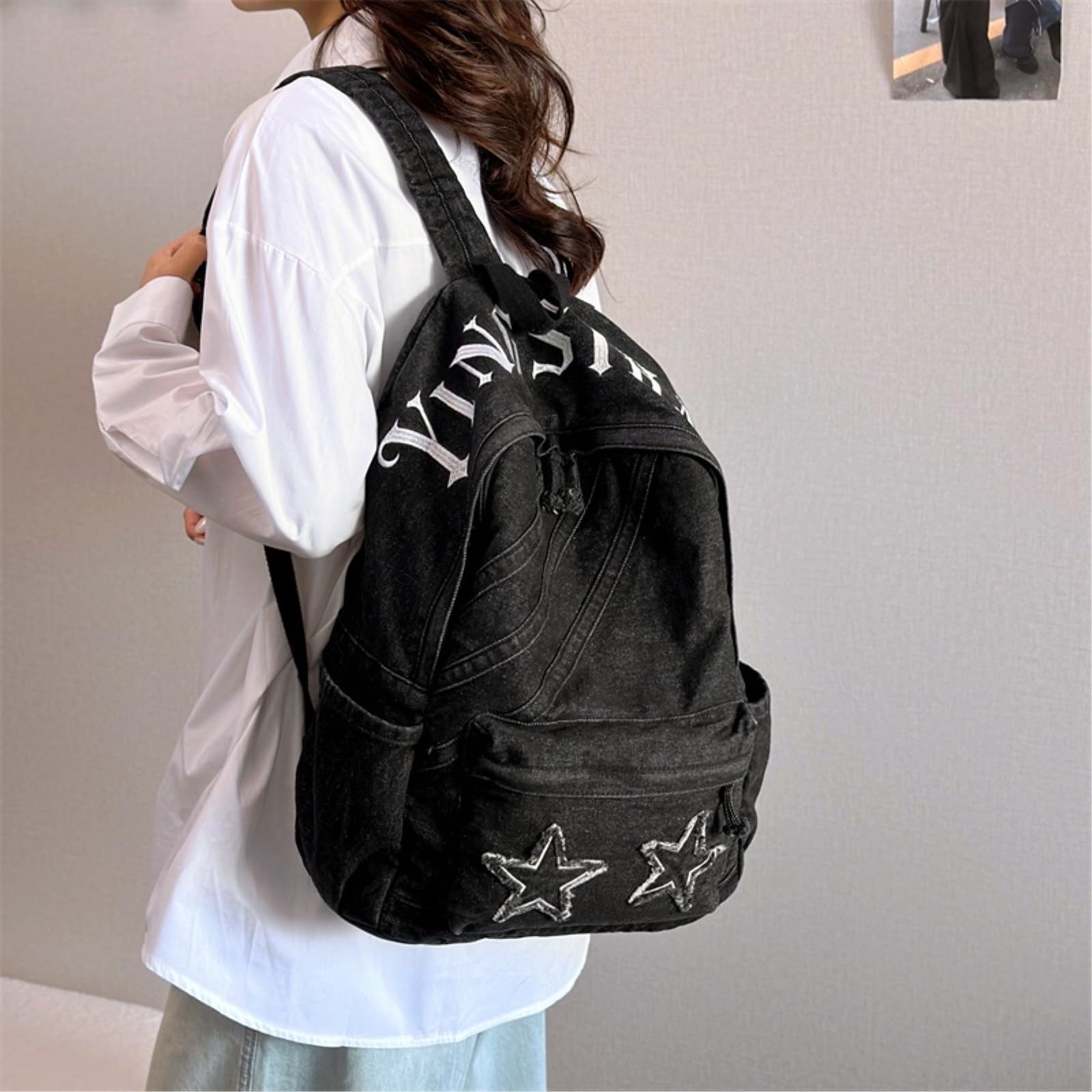 Zaino da Viaggio Star Patch Lavato Denim Zaino, Vintage Casual Daypack, Leggero Multi Tasca