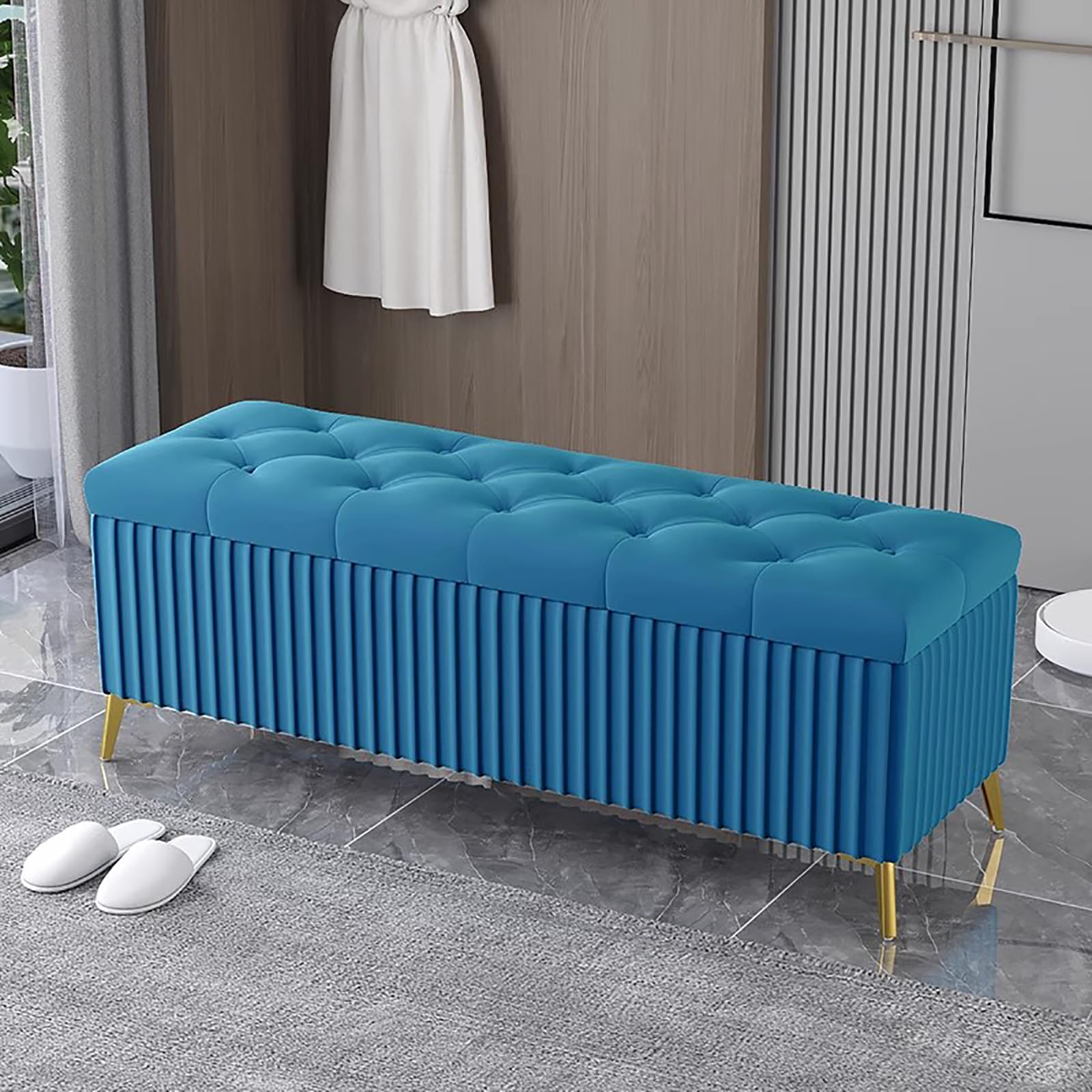Banc de lit rembourré en velours idéal comme meuble à chaussures pour une entrée accueillante
