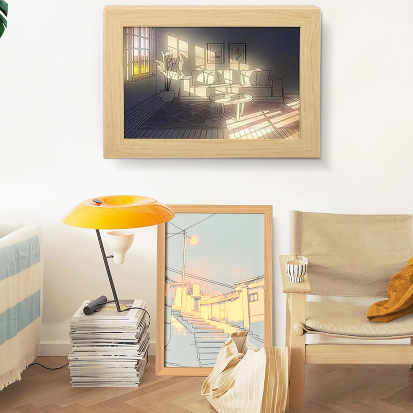 AYNEFY Lighting Indoor Lighting Solid Wood Frame Easy To Use Led Decorative Light Painting For Bedroom Led Lights Picture Modern Decorative Lighting (Small 70 X 55 X 45cm / 27.6 X 21.7