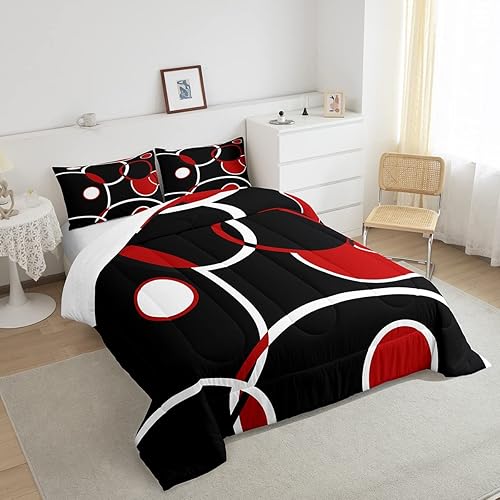 Miniatura 4 de Erosebridal Juego de ropa de cama moderna tamaño individual para niños y niñas, juego de edredón abstracto negro, blanco, rojo, geométrico, círculo,