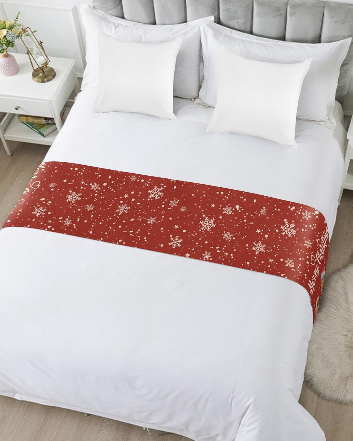 Teamery Bed Runner Scarf for Bed Foot Decor, Christmas Snowflake Bird Red Bed Flags Bed Scarves, Bedding Scarf Protector for Home Bedroom/Hotel/Wedding, 83"x20" for Queen Bed