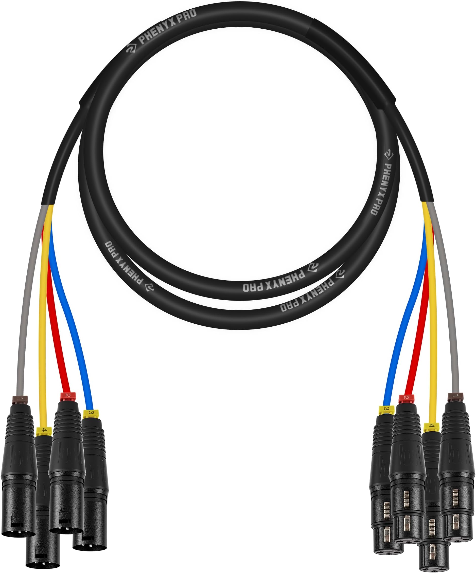 Phenyx Pro 4-Channel XLR Cable, 6 Ft Snake Cable, Balanced Microphone Cord, XLR Splitter, Color-Coded, 4-in-1 Design, 3-PIN Male to Female Patch Wire, w/OFC Copper (PCBL-4IN1-6)