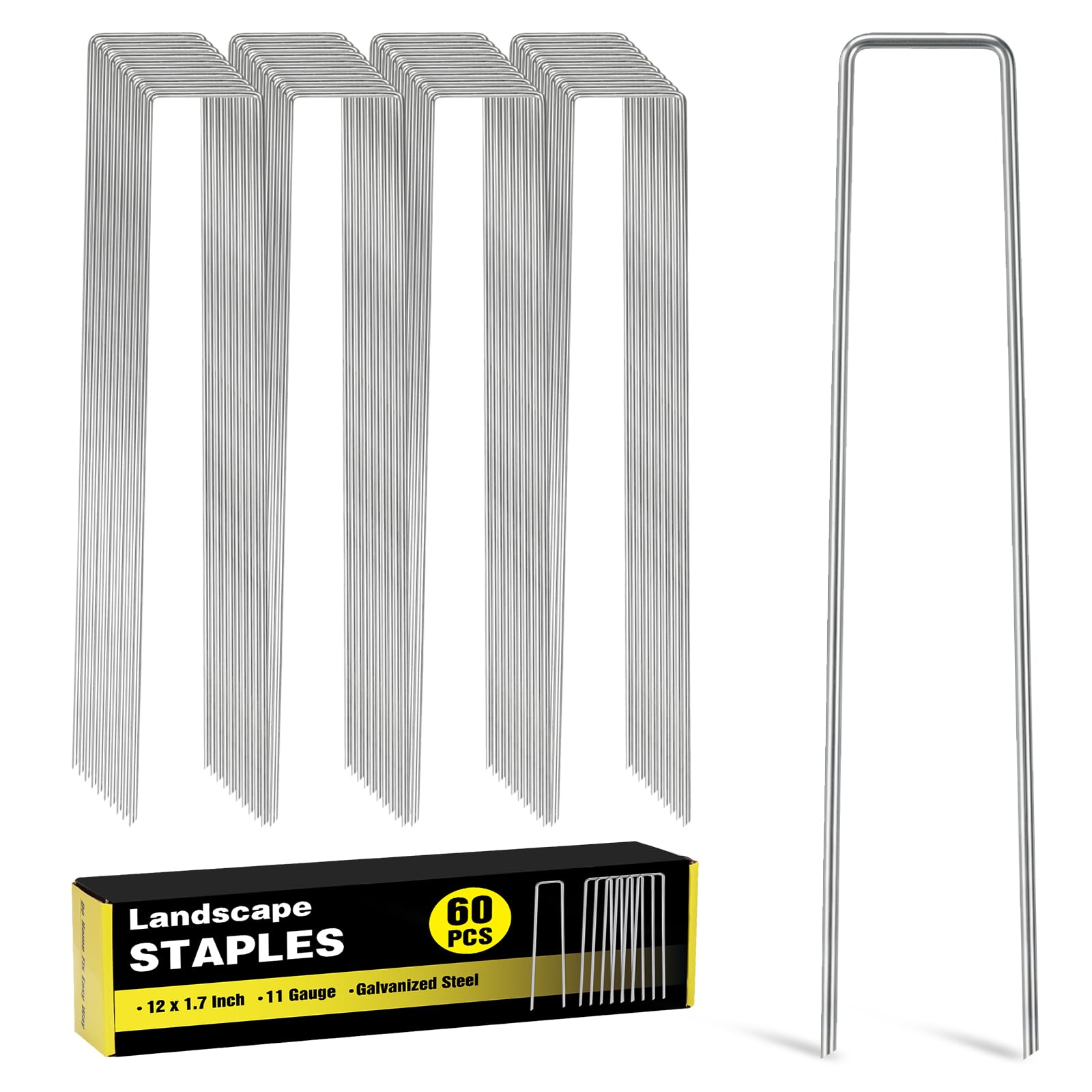HongWay 60 Pack 12 Inch Landscape Staples, Garden Stakes 11 Gauge Galvanized Ground Staples Lawn Yard Tent Fence Stakes Landscaping Fabric Pins for Gardening Secure Outdoor Decorations