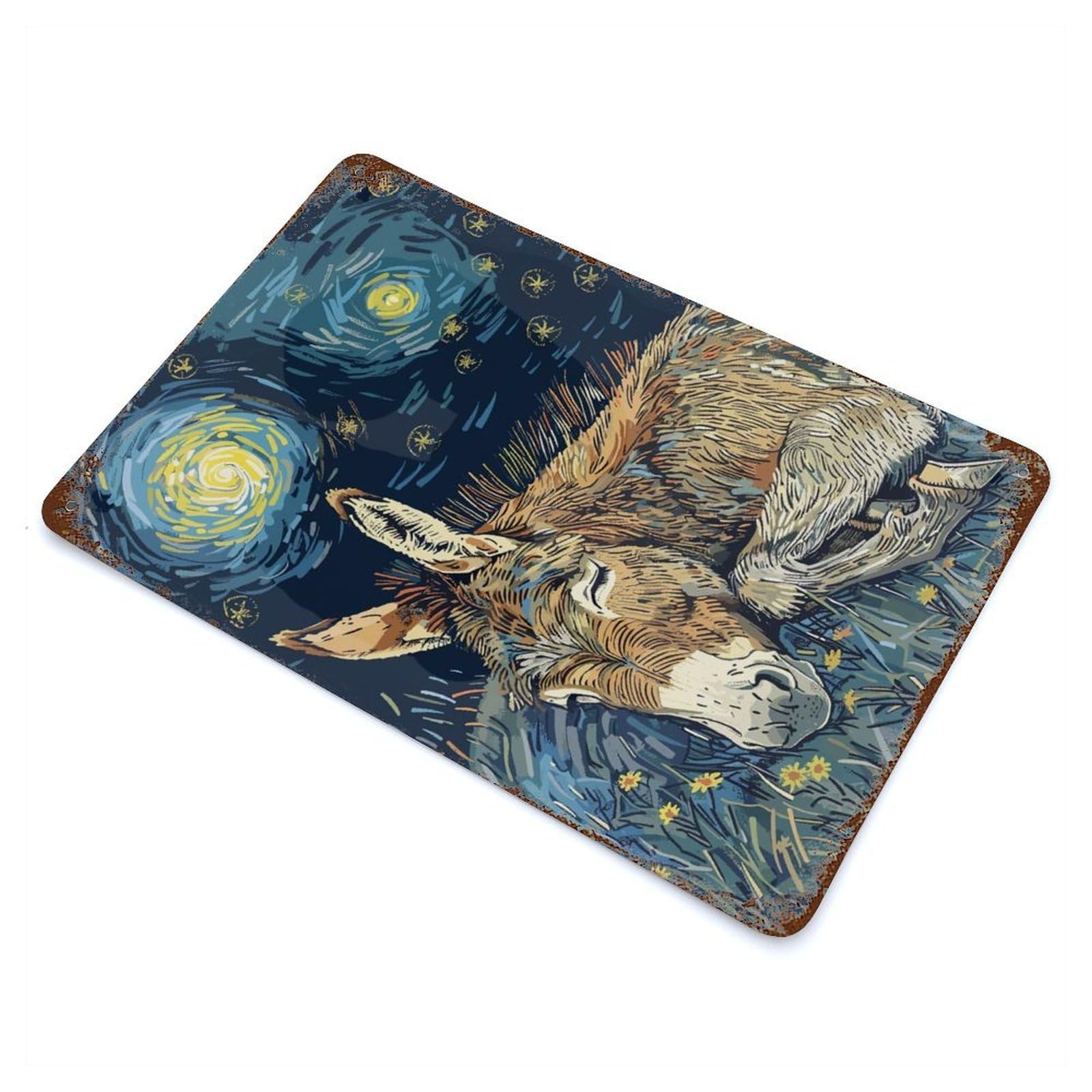 Donkey Sleeping Under Starry Night Sky Rust Effect Tin Sign 11.8"x7.9", Novelty Wall Decor for Garage, Pub Or Kitchen
