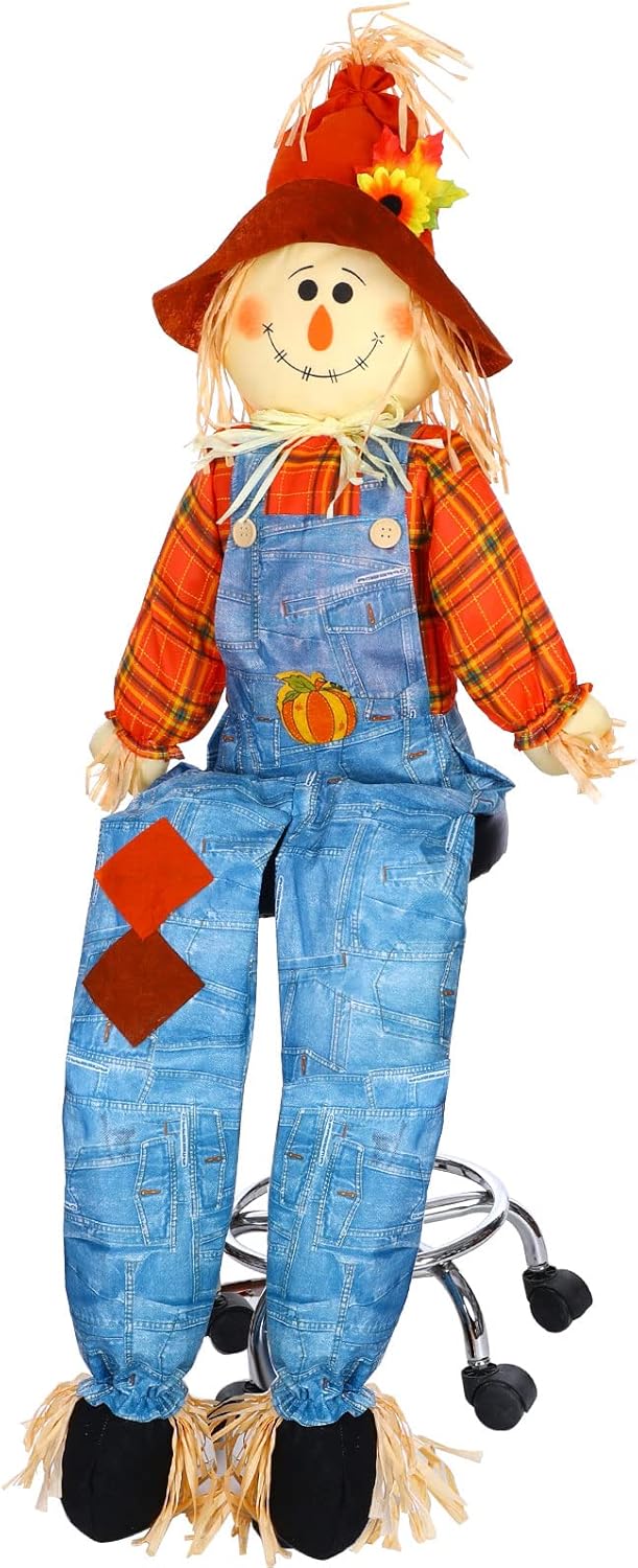 Shappy 60 Inch Large Fall Scarecrow Sitter Halloween Decoration Country Charm Harvest Outdoor Indoor Bird Scare Sitting Scarecrow for Garden Home Yard, Boy Style Boy Jeans Style