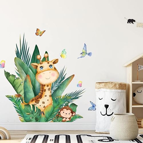 Calcomanías de pared de plantas verdes hojas tropicales jirafa calcomanías motivacionales para dormitorio sala de estar cuarto de bebé baño aula