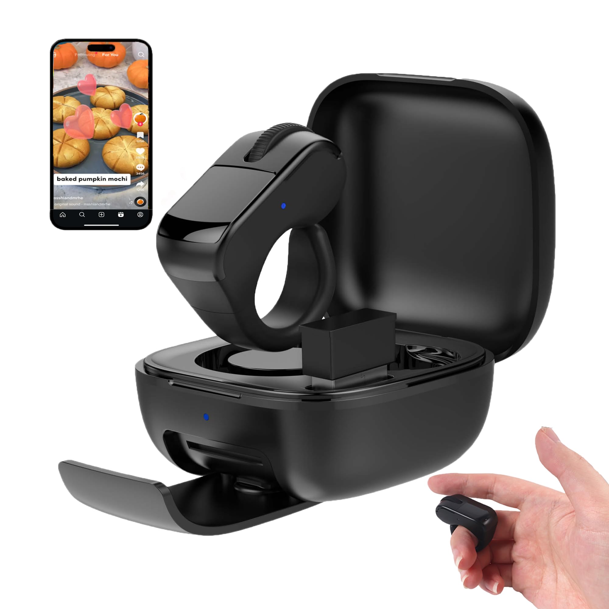 TikTok-Scrolling-Ring, Bluetooth-Fernbedienung mit Touchpad, Wiederaufladbar mit Ladehülle, Fernbedienung für Kurzvideos, Kamera-Auslöser, E-Book Seitenwender, für Telefon Tablet iOS Android(Schwarz)