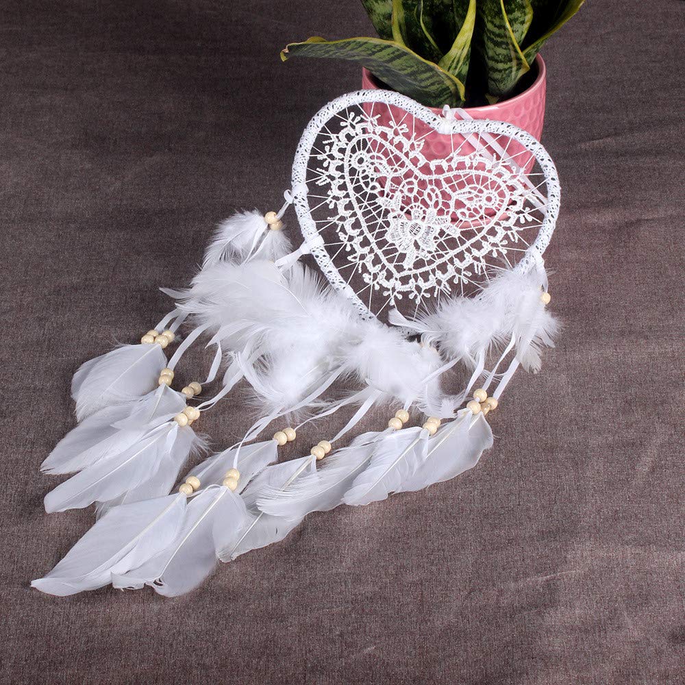 Attrape-Rêves Cœur Bohème RAILONCH - Fait Main Avec Plumes | Lumière LED Intégrée | Décoration Murale Romantique | Blanc