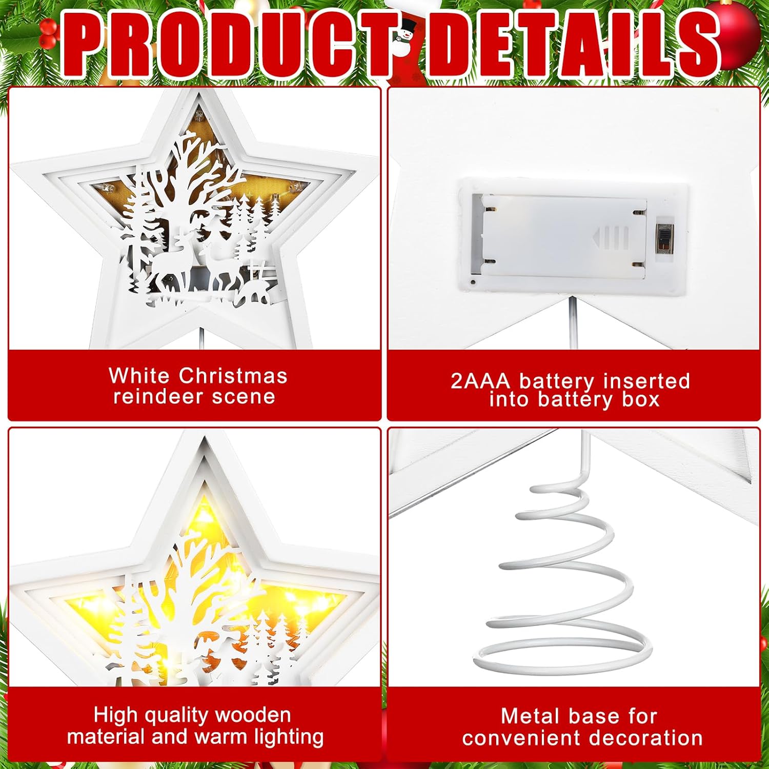 Beeveer Christmas Reindeer Tree Topper Lighted Wooden Rustic Star Wonderland Decor White Hollow Bethlehem Star Deer Forest LED 3D Ornament for Tree Christmas Indoor Decoration, 10 x 8.7 Inch